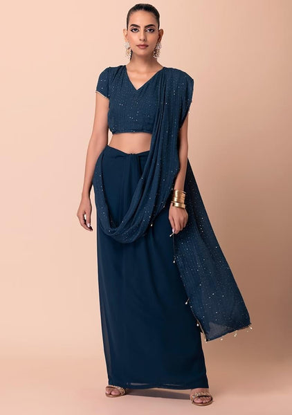 Navy Sequin Embroidered Pre-Stitched Saree (Without Blouse)