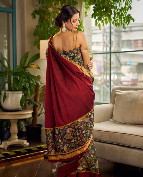 Dark Green Kalamkari Printed Chanderi Saree with Maroon Khun Pallu