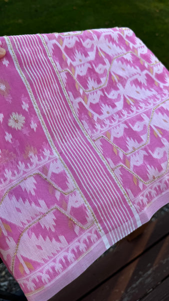 Pink Jamdani Saree: Soft Cotton Muslin, Handloom Woven with Cutdana work