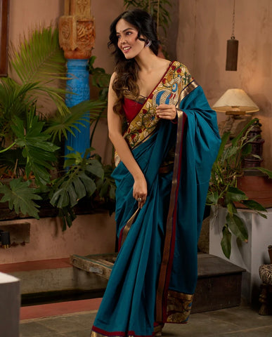 Teal cotton saree with Kalamkari border