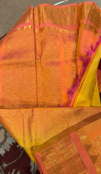 Yellow and Coral Pink Pure Silk Handloom Gadwal Saree