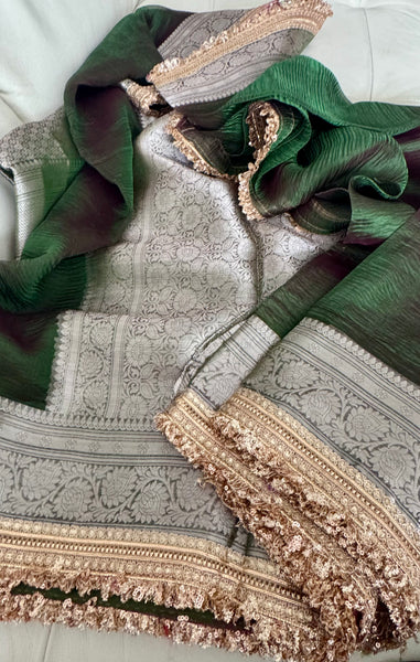 Iridescent Green Tissue Banarasi Brocade Silk Saree