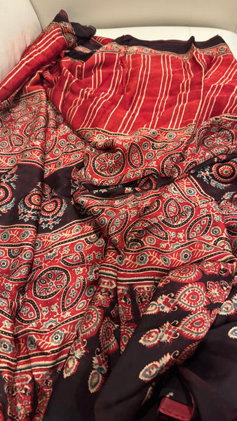 BLOCK PRINTED MAROON MODAL SILK AJRAKH SAREE