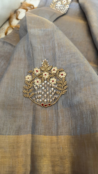 Dual Tone Grey Silver Gold Tone Tissue Linen Saree