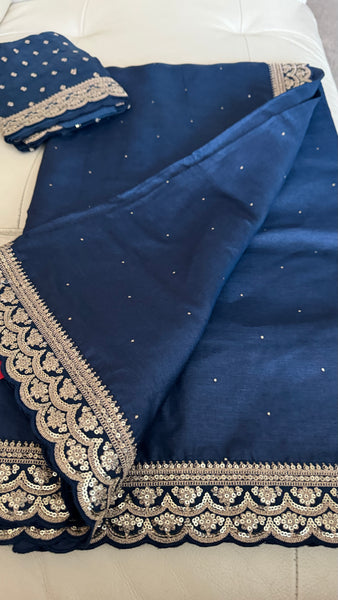 Midnight Blue Tussar Silk Saree with Zardosi Border