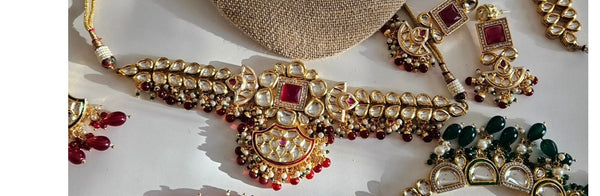 Red High Quality Kundan Choker Necklace Set with Matching Earrings.