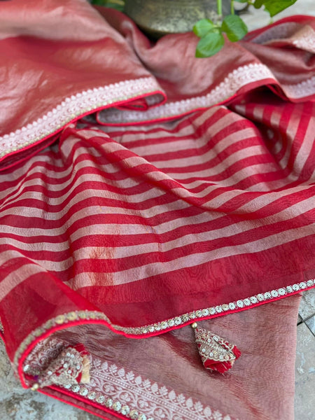 Red crushed embroidered tissue silk paired with a velvet blouse