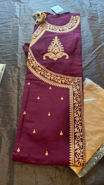 Eggplant Purple and Tan Pure Raw Silk Embroidered Bengali Punjabi