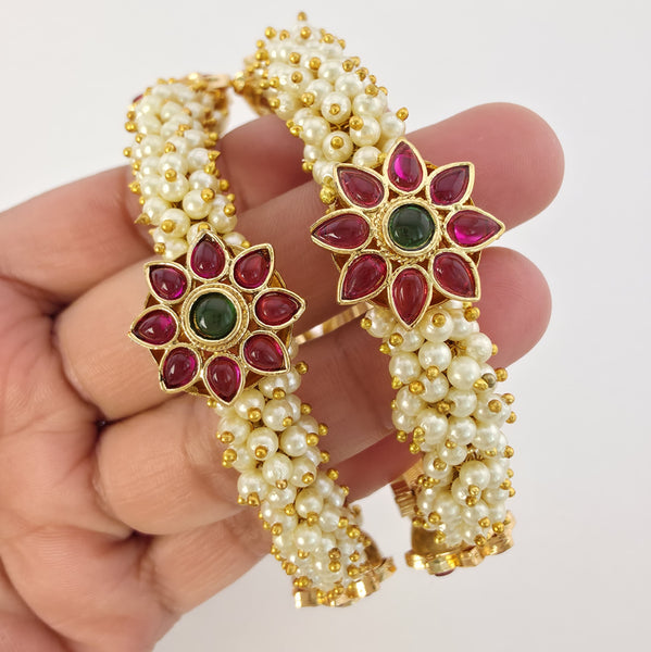 Set of 2 Pearl Ruby Emerald Gold Kemp Openable Bangles