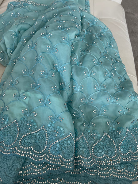Teal Sky Blue Georgette Silk Saree with Crystals