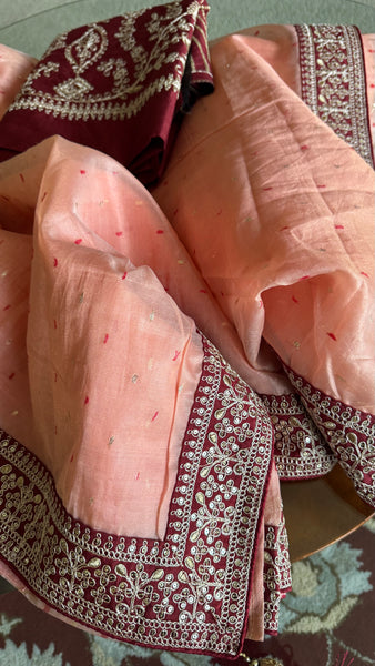 Shade of Peach Pink Handloom Net Silk Saree