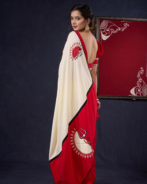 Hand-painted Durga-Ma Saree in Off-white Rayon & Red Combination