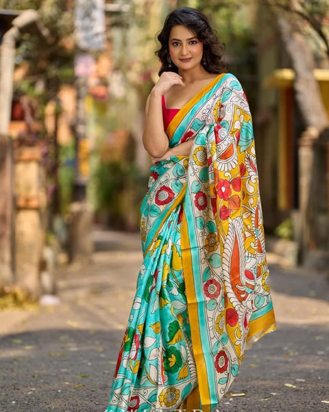 Aqua Blue Tussar Silk Saree with Statement Kalamkari Print
