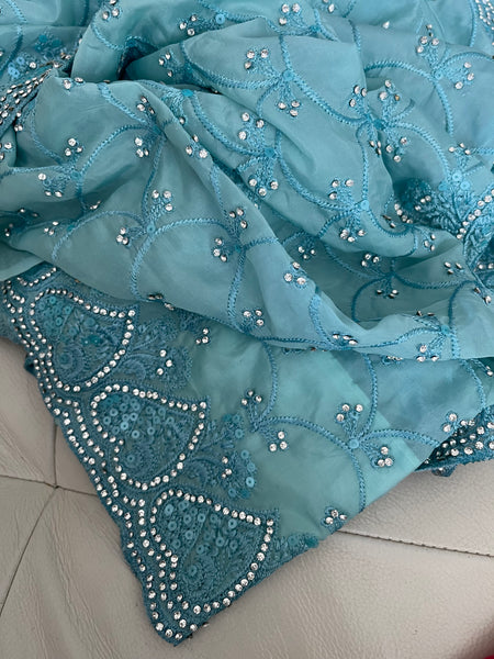 Teal Sky Blue Georgette Silk Saree with Crystals