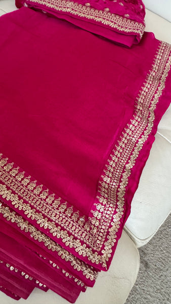 Fuchsia Pink Crepe Silk Saree with Zardosi Border