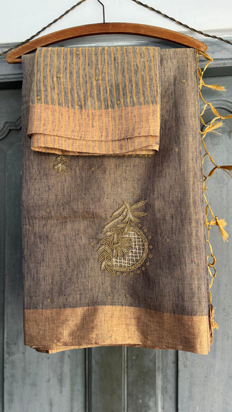 Dual Tone Grey Silver Gold Tone Tissue Linen Saree