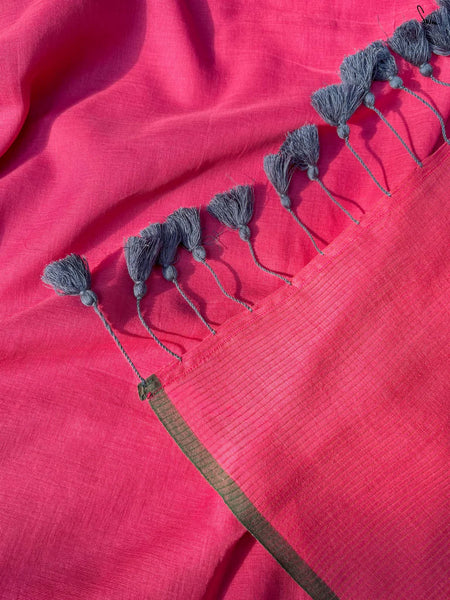 Elegant pink and gold half-and-half cotton-acrylic saree with zari-striped pallu