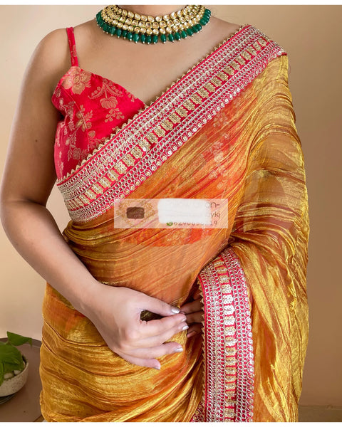 Gold Zari Tissue Saree with Red Border