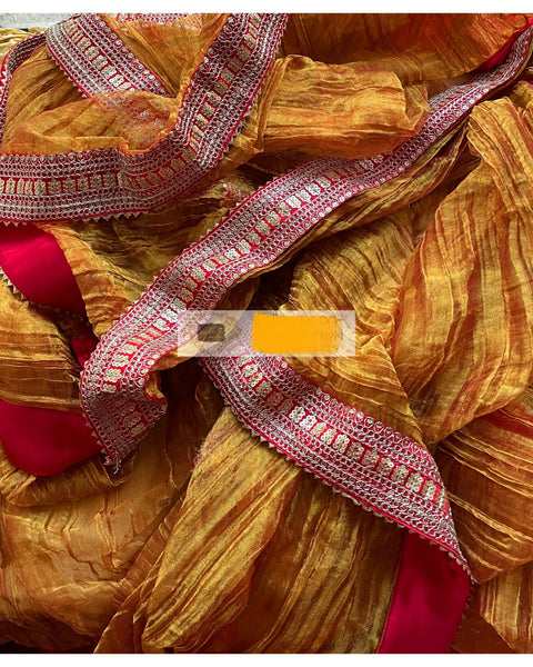 Gold Zari Tissue Saree with Red Border