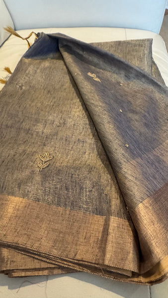 Dual Tone Grey Silver Gold Tone Tissue Linen Saree