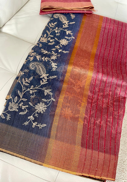 Grey Embroidered Handloom Tussar Silk Saree