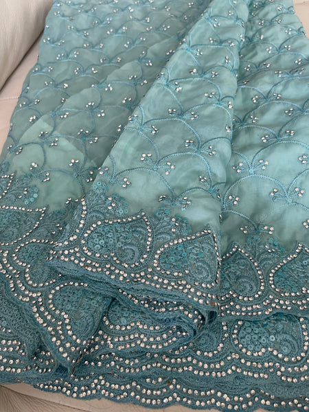 Teal Sky Blue Georgette Silk Saree with Crystals