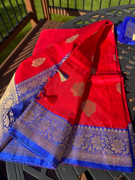 Tomato Red Soft Banarasi Pattu Katan Silk Saree with Zari weaves with Deep Navy Blue Border