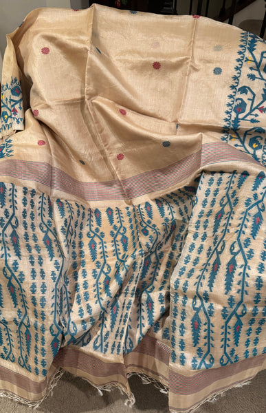 Aqua Sky Blue Handwoven Pure Tussar Silk Jamdani Saree