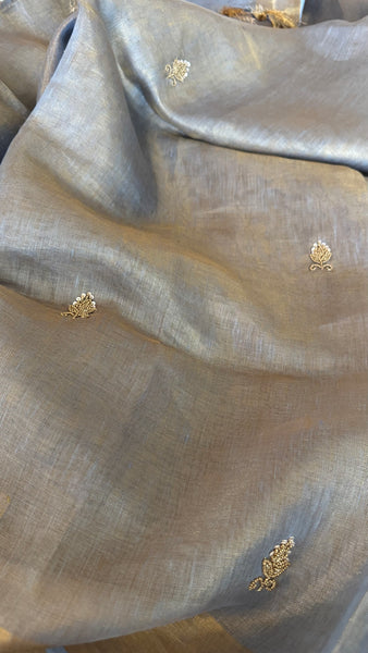 Dual Tone Grey Silver Gold Tone Tissue Linen Saree