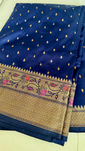 Deep Blue and Gold Handloom Silk Saree with Floral Border