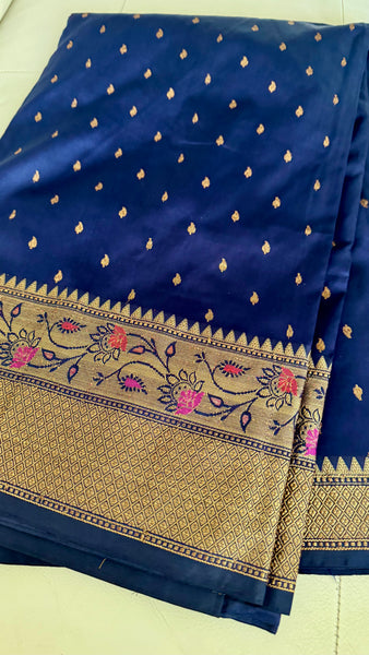 Deep Blue and Gold Handloom Silk Saree with Floral Border