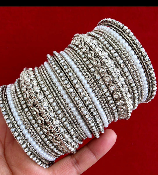 Bollywood Style Indian Stone Pearl Silver Finished Bangles Set