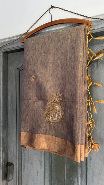 Dual Tone Grey Silver Gold Tone Tissue Linen Saree