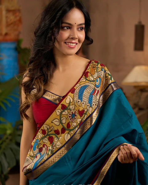 Teal cotton saree with Kalamkari border