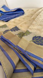 Blended Off White Floral Silk Saree with Blue