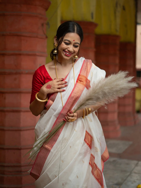 White and Red Chanderi Cotton Silk Saree