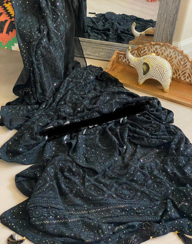 Black Pure Georgette Chikankari Saree