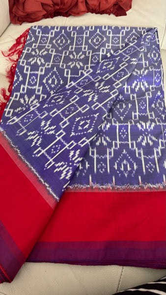 Light Lavender Blue and Red Pure Ikkat Double Weaving Silk Saree