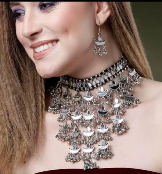 Mirror Oxidized Afghani Necklace and Earring Set