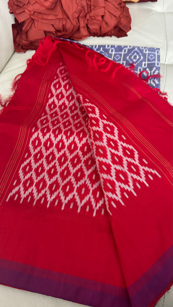 Light Lavender Blue and Red Pure Ikkat Double Weaving Silk Saree