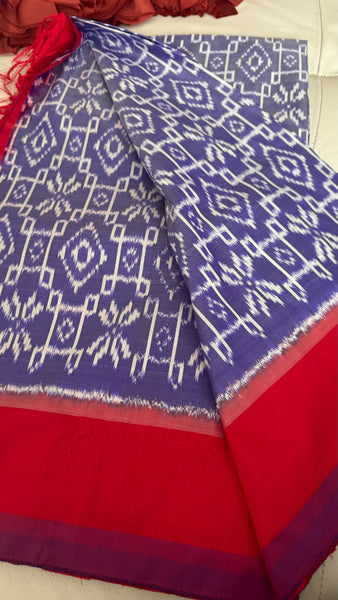 Light Lavender Blue and Red Pure Ikkat Double Weaving Silk Saree