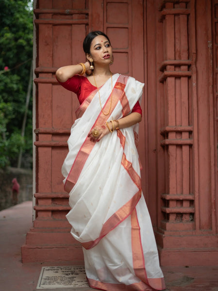 White and Red Chanderi Cotton Silk Saree