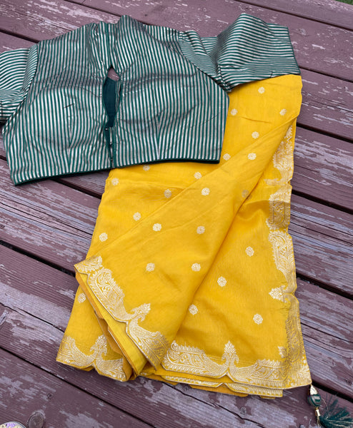 Yellow Muga Silk Saree with Green Readymade Blouse