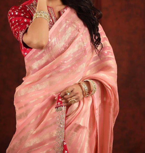 Peach Georgette Chiffon Silk Saree with Stitched Blouse