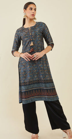 Blue Satin Printed Kurta With Tassels And Gota Patti