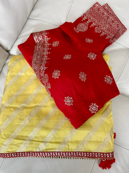 Yellow Muga Silk Saree with Red Readymade Blouse