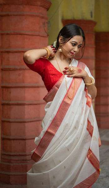 White and Red Chanderi Cotton Silk Saree
