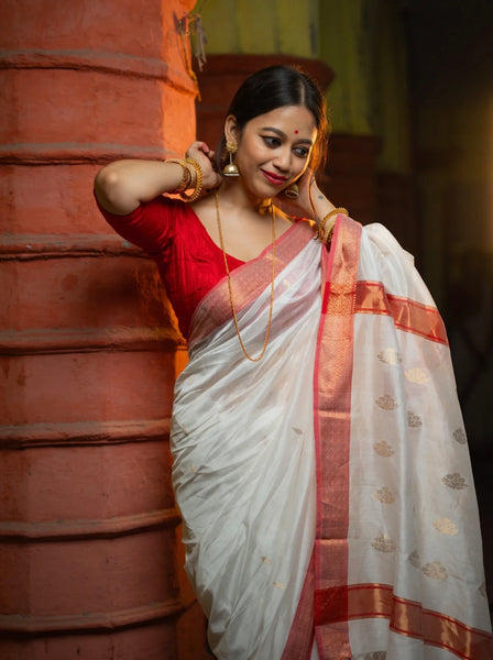 White and Red Chanderi Cotton Silk Saree