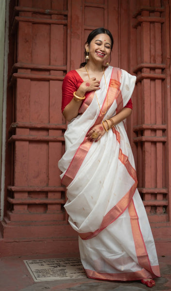 White and Red Chanderi Cotton Silk Saree