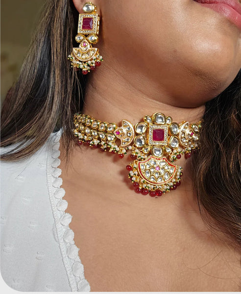 Red High Quality Kundan Choker Necklace Set with Matching Earrings.